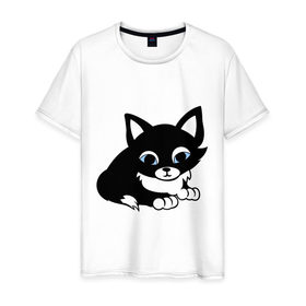 Мужская футболка хлопок с принтом Кошечка в Курске, 100% хлопок | прямой крой, круглый вырез горловины, длина до линии бедер, слегка спущенное плечо. | киска | кошечка | кошка с белым хвостиком | мяу | черная кошка