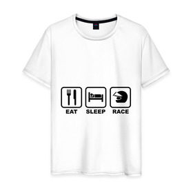 Мужская футболка хлопок с принтом Eat Sleep Race (Ешь, Спи, Гоняй) в Курске, 100% хлопок | прямой крой, круглый вырез горловины, длина до линии бедер, слегка спущенное плечо. | Тематика изображения на принте: eat sleep race | автомобильные | вилка | гоняй | ешь | кровать | сон | спи | шлем