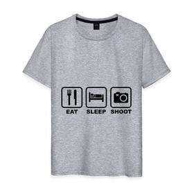 Мужская футболка хлопок с принтом Eat Sleep Shoot (Ешь, Спи, Фотографируй) в Курске, 100% хлопок | прямой крой, круглый вырез горловины, длина до линии бедер, слегка спущенное плечо. | Тематика изображения на принте: eat sleep shoot | вилка | ешь | кровать | снимок | сон | спи | фотоаппарат | фотографируй