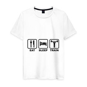 Мужская футболка хлопок с принтом Eat Sleep Train (Ешь, Спи, Тренируйся) в Курске, 100% хлопок | прямой крой, круглый вырез горловины, длина до линии бедер, слегка спущенное плечо. | Тематика изображения на принте: eat sleep train | ешь | силовой спорт | спи | спорт | тренируйся
