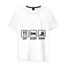 Мужская футболка хлопок с принтом Eat Sleep Swim (Еда, Сон, Плавание) в Курске, 100% хлопок | прямой крой, круглый вырез горловины, длина до линии бедер, слегка спущенное плечо. | eat sleep swim | вилка | водный спорт | еда | кровать | плавание | сон | спорт