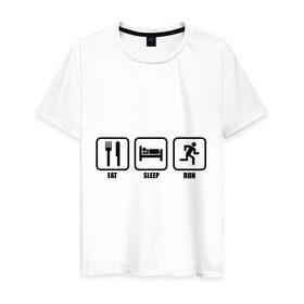 Мужская футболка хлопок с принтом Eat Sleep Run (Еда, Сон, Бег) в Курске, 100% хлопок | прямой крой, круглый вырез горловины, длина до линии бедер, слегка спущенное плечо. | eat sleep run | бег | вилка | еда | кровать | сон