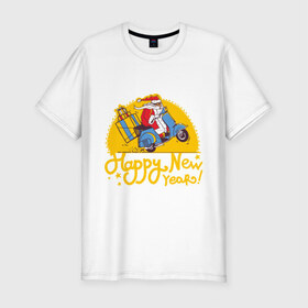Мужская футболка премиум с принтом Happy New Year в Курске, 92% хлопок, 8% лайкра | приталенный силуэт, круглый вырез ворота, длина до линии бедра, короткий рукав | 2014 | happy | happy new year | new year | santa | santa clows | год лошади | лошадь | новый год | олень | рудольф | санта | санта клаус