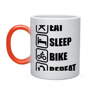 Кружка хамелеон с принтом Eat Sleep Bike Repeat в Курске, керамика | меняет цвет при нагревании, емкость 330 мл | Тематика изображения на принте: bike | eat | eat sleep bike repeat | repeat | sleep | велоспорт | кровать | спорт
