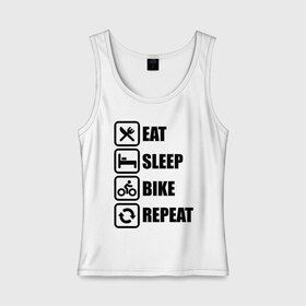 Женская майка хлопок с принтом Eat Sleep Bike Repeat в Курске, 95% хлопок, 5% эластан |  | bike | eat | eat sleep bike repeat | repeat | sleep | велоспорт | кровать | спорт