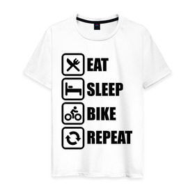 Мужская футболка хлопок с принтом Eat Sleep Bike Repeat в Курске, 100% хлопок | прямой крой, круглый вырез горловины, длина до линии бедер, слегка спущенное плечо. | bike | eat | eat sleep bike repeat | repeat | sleep | велоспорт | кровать | спорт