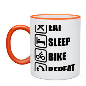 Кружка двухцветная с принтом Eat Sleep Bike Repeat в Курске, керамика | объем — 330 мл, диаметр — 80 мм. Цветная ручка и кайма сверху, в некоторых цветах — вся внутренняя часть | bike | eat | eat sleep bike repeat | repeat | sleep | велоспорт | кровать | спорт