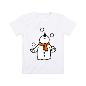 Детская футболка хлопок с принтом Снеговик играет в снежки. в Курске, 100% хлопок | круглый вырез горловины, полуприлегающий силуэт, длина до линии бедер | новый год | новый год 2014 | подарки | снег | снеговик | снеговик играет в снежки | снежки