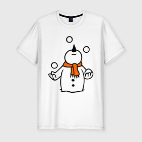 Мужская футболка премиум с принтом Снеговик играет в снежки. в Курске, 92% хлопок, 8% лайкра | приталенный силуэт, круглый вырез ворота, длина до линии бедра, короткий рукав | новый год | новый год 2014 | подарки | снег | снеговик | снеговик играет в снежки | снежки