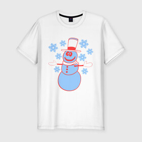 Мужская футболка премиум с принтом Снеговик в Курске, 92% хлопок, 8% лайкра | приталенный силуэт, круглый вырез ворота, длина до линии бедра, короткий рукав | 2014 | веселый снеговичек | зима | новый год | свет | снег | снеговик | снеговичек | снежинка