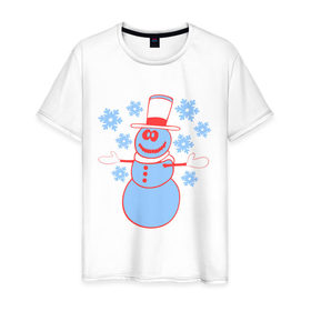 Мужская футболка хлопок с принтом Снеговик в Курске, 100% хлопок | прямой крой, круглый вырез горловины, длина до линии бедер, слегка спущенное плечо. | 2014 | веселый снеговичек | зима | новый год | свет | снег | снеговик | снеговичек | снежинка