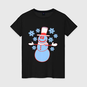 Женская футболка хлопок с принтом Снеговик в Курске, 100% хлопок | прямой крой, круглый вырез горловины, длина до линии бедер, слегка спущенное плечо | 2014 | веселый снеговичек | зима | новый год | свет | снег | снеговик | снеговичек | снежинка