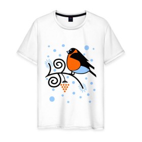 Мужская футболка хлопок с принтом Снегирь на ветке рябины в Курске, 100% хлопок | прямой крой, круглый вырез горловины, длина до линии бедер, слегка спущенное плечо. | ветка | зима | птица | рябина | снег | снегирь на ветке рябины