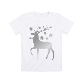 Детская футболка хлопок с принтом Олень в Курске, 100% хлопок | круглый вырез горловины, полуприлегающий силуэт, длина до линии бедер | новогодний подарок | олень и  снежинки | с новым годом | северный олень | снег | снежинки