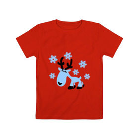 Детская футболка хлопок с принтом Няшный олень. в Курске, 100% хлопок | круглый вырез горловины, полуприлегающий силуэт, длина до линии бедер | новогодний подарок | няшный олень | олень | олень и снег | с новым годом | снег | снежинки