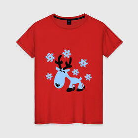 Женская футболка хлопок с принтом Няшный олень. в Курске, 100% хлопок | прямой крой, круглый вырез горловины, длина до линии бедер, слегка спущенное плечо | новогодний подарок | няшный олень | олень | олень и снег | с новым годом | снег | снежинки