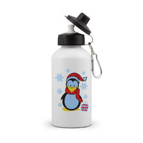 Бутылка спортивная с принтом Пингвин в новогодней шапке в Курске, металл | емкость — 500 мл, в комплекте две пластиковые крышки и карабин для крепления | пингвин