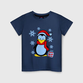Детская футболка хлопок с принтом Пингвин в новогодней шапке в Курске, 100% хлопок | круглый вырез горловины, полуприлегающий силуэт, длина до линии бедер | Тематика изображения на принте: пингвин
