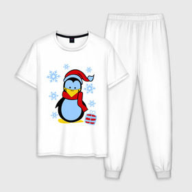 Мужская пижама хлопок с принтом Пингвин в новогодней шапке в Курске, 100% хлопок | брюки и футболка прямого кроя, без карманов, на брюках мягкая резинка на поясе и по низу штанин
 | Тематика изображения на принте: пингвин