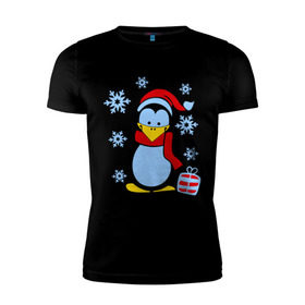 Мужская футболка премиум с принтом Пингвин в новогодней шапке в Курске, 92% хлопок, 8% лайкра | приталенный силуэт, круглый вырез ворота, длина до линии бедра, короткий рукав | Тематика изображения на принте: пингвин