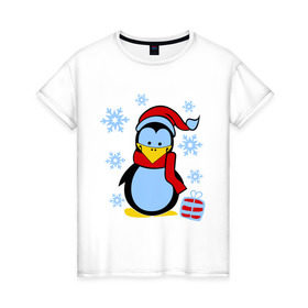 Женская футболка хлопок с принтом Пингвин в новогодней шапке в Курске, 100% хлопок | прямой крой, круглый вырез горловины, длина до линии бедер, слегка спущенное плечо | пингвин