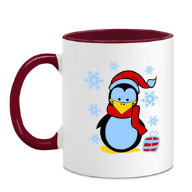 Кружка двухцветная с принтом Пингвин в новогодней шапке в Курске, керамика | объем — 330 мл, диаметр — 80 мм. Цветная ручка и кайма сверху, в некоторых цветах — вся внутренняя часть | Тематика изображения на принте: пингвин