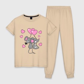 Женская пижама хлопок с принтом Влюбленные мышкі в Курске, 100% хлопок | брюки и футболка прямого кроя, без карманов, на брюках мягкая резинка на поясе и по низу штанин | влюбленные мышка | девушкам | красивые рисунки | мышки | сердечки