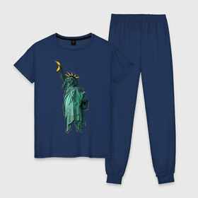 Женская пижама хлопок с принтом Статуя свободы в Курске, 100% хлопок | брюки и футболка прямого кроя, без карманов, на брюках мягкая резинка на поясе и по низу штанин | банан