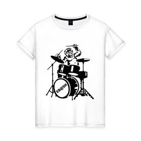 Женская футболка хлопок с принтом Обезьяна с барабанами в Курске, 100% хлопок | прямой крой, круглый вырез горловины, длина до линии бедер, слегка спущенное плечо | барабан | музыка | обезьяна с барабанами | разное