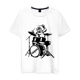 Мужская футболка хлопок с принтом Обезьяна с барабанами в Курске, 100% хлопок | прямой крой, круглый вырез горловины, длина до линии бедер, слегка спущенное плечо. | барабан | музыка | обезьяна с барабанами | разное
