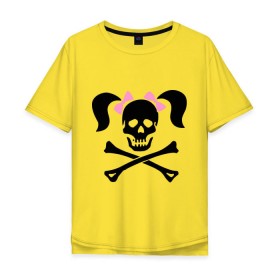 Мужская футболка хлопок Oversize с принтом Девочка пиратка в Курске, 100% хлопок | свободный крой, круглый ворот, “спинка” длиннее передней части | бантики | девочка | череп | череп с  хвостиками | череп с бантиками