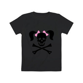 Детская футболка хлопок с принтом Девочка пиратка в Курске, 100% хлопок | круглый вырез горловины, полуприлегающий силуэт, длина до линии бедер | бантики | девочка | череп | череп с  хвостиками | череп с бантиками