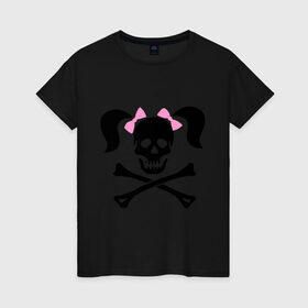 Женская футболка хлопок с принтом Девочка пиратка в Курске, 100% хлопок | прямой крой, круглый вырез горловины, длина до линии бедер, слегка спущенное плечо | бантики | девочка | череп | череп с  хвостиками | череп с бантиками