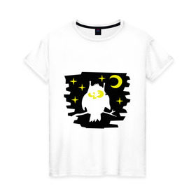 Женская футболка хлопок с принтом Сова в ночном небе в Курске, 100% хлопок | прямой крой, круглый вырез горловины, длина до линии бедер, слегка спущенное плечо | сова