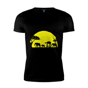 Мужская футболка премиум с принтом Слоники в Курске, 92% хлопок, 8% лайкра | приталенный силуэт, круглый вырез ворота, длина до линии бедра, короткий рукав | африканский | африканское солнце | животные | слоны  на фоне солнца | солнце | этнический