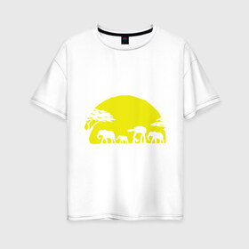 Женская футболка хлопок Oversize с принтом Слоники в Курске, 100% хлопок | свободный крой, круглый ворот, спущенный рукав, длина до линии бедер
 | африканский | африканское солнце | животные | слоны  на фоне солнца | солнце | этнический