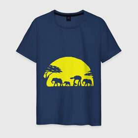 Мужская футболка хлопок с принтом Слоники в Курске, 100% хлопок | прямой крой, круглый вырез горловины, длина до линии бедер, слегка спущенное плечо. | африканский | африканское солнце | животные | слоны  на фоне солнца | солнце | этнический