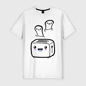 Мужская футболка премиум с принтом Позитивный тостер в Курске, 92% хлопок, 8% лайкра | приталенный силуэт, круглый вырез ворота, длина до линии бедра, короткий рукав | бутерброд | гренки | еда | позитив | позитивный тостер | смайл | тостер | хлеб