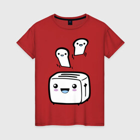 Женская футболка хлопок с принтом Позитивный тостер в Курске, 100% хлопок | прямой крой, круглый вырез горловины, длина до линии бедер, слегка спущенное плечо | бутерброд | гренки | еда | позитив | позитивный тостер | смайл | тостер | хлеб