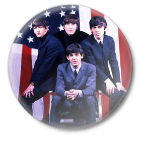 Значок с принтом Битлз на фоне американского флага в Курске,  металл | круглая форма, металлическая застежка в виде булавки | битлз | битлз на фоне американского флага | музыка | разное