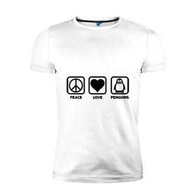 Мужская футболка премиум с принтом Peace Love Penguins (мир, любовь, пингвины) в Курске, 92% хлопок, 8% лайкра | приталенный силуэт, круглый вырез ворота, длина до линии бедра, короткий рукав | peace love penguins | животные | любовь | мир | пингвины
