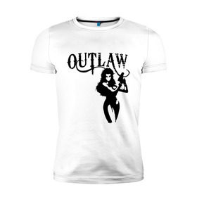 Мужская футболка премиум с принтом Outlaw (вне закона) в Курске, 92% хлопок, 8% лайкра | приталенный силуэт, круглый вырез ворота, длина до линии бедра, короткий рукав | Тематика изображения на принте: outlaw | вне закона | выстрел | девушка | оружие | прикольные картинки
