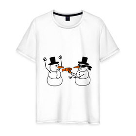 Мужская футболка хлопок с принтом Снеговик грабитель в Курске, 100% хлопок | прямой крой, круглый вырез горловины, длина до линии бедер, слегка спущенное плечо. | идеи подарков | с новым годом | снеговик грабитель | снеговики | снеговики бандиты | фен