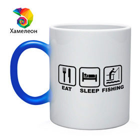 Кружка хамелеон с принтом Eat Sleep Fishing в Курске, керамика | меняет цвет при нагревании, емкость 330 мл | eat sleep fishing | еда | машина | рыбалка