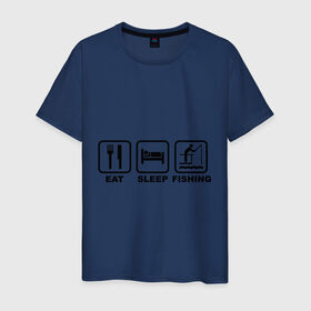 Мужская футболка хлопок с принтом Eat Sleep Fishing в Курске, 100% хлопок | прямой крой, круглый вырез горловины, длина до линии бедер, слегка спущенное плечо. | eat sleep fishing | еда | машина | рыбалка