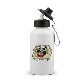 Бутылка спортивная с принтом панда ест лапшу в Курске, металл | емкость — 500 мл, в комплекте две пластиковые крышки и карабин для крепления | Тематика изображения на принте: панда