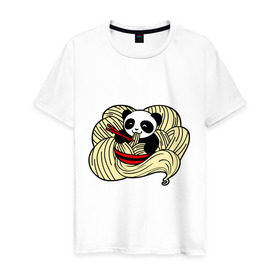 Мужская футболка хлопок с принтом панда ест лапшу в Курске, 100% хлопок | прямой крой, круглый вырез горловины, длина до линии бедер, слегка спущенное плечо. | панда