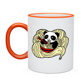 Кружка двухцветная с принтом панда ест лапшу в Курске, керамика | объем — 330 мл, диаметр — 80 мм. Цветная ручка и кайма сверху, в некоторых цветах — вся внутренняя часть | Тематика изображения на принте: панда