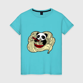 Женская футболка хлопок с принтом панда ест лапшу в Курске, 100% хлопок | прямой крой, круглый вырез горловины, длина до линии бедер, слегка спущенное плечо | панда