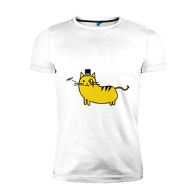 Мужская футболка премиум с принтом Кот аристократ в Курске, 92% хлопок, 8% лайкра | приталенный силуэт, круглый вырез ворота, длина до линии бедра, короткий рукав | аристократ | желтый кот | кот | кот аристократ | котик | котяра | цилиндр
